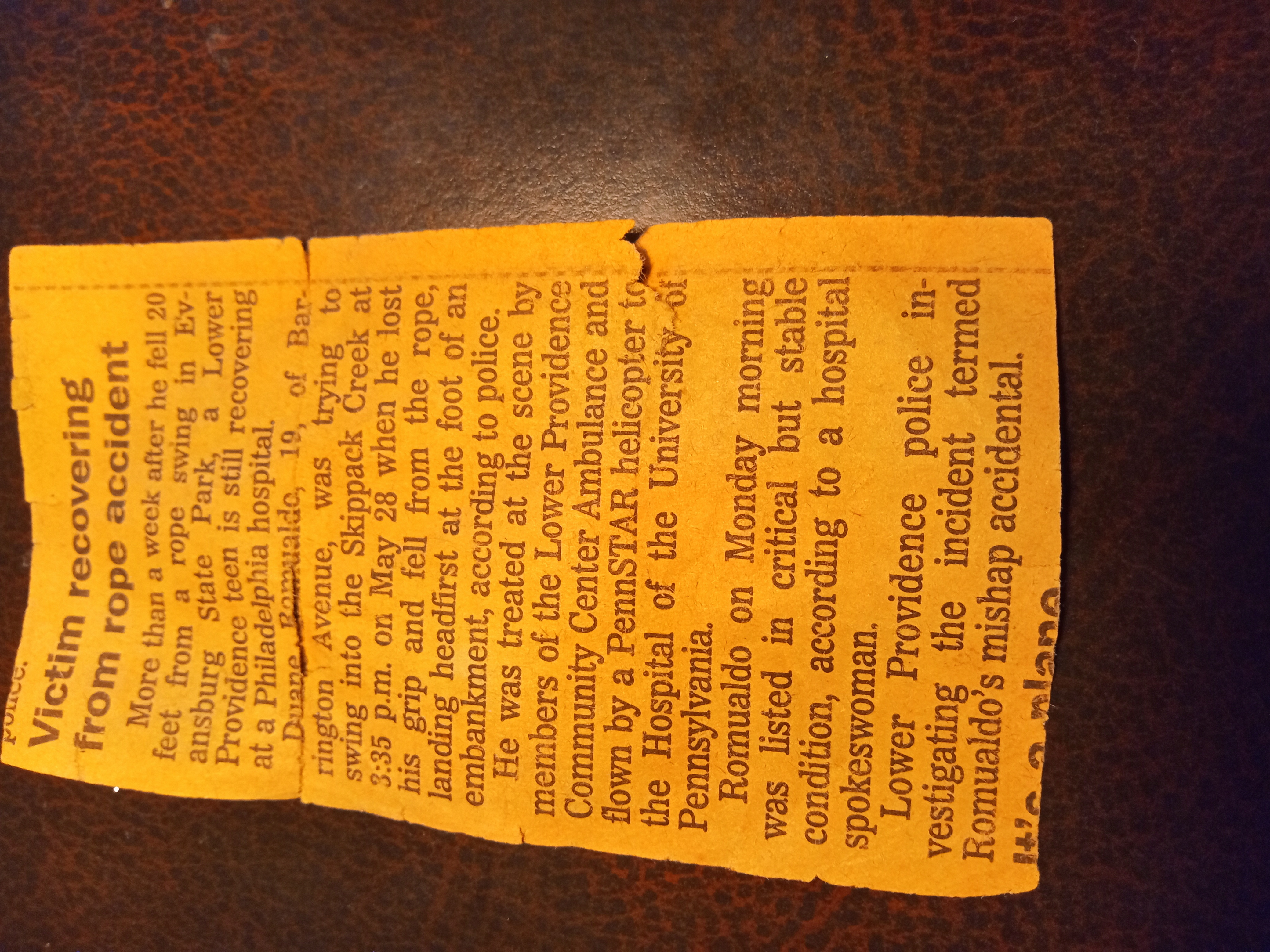 Newspaper clipping featuring Duane Romualdo’s story about surviving a coma after a severe injury