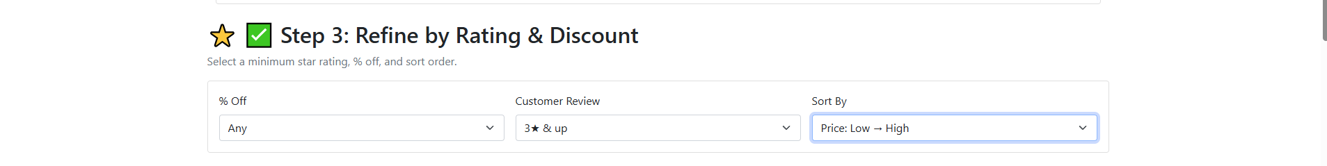 Refine Amazon deals by discount percentage, rating, and sort order